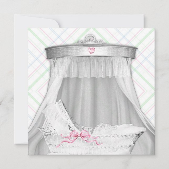 Blauer Bassinette Baby Girl Dusche Einladung (Vorderseite)