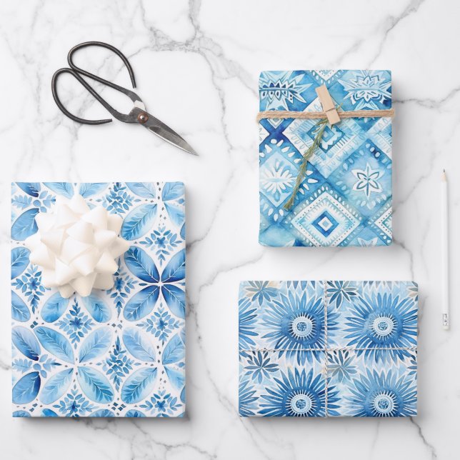 Blauer Batik Brautparty Geschenkpapier Set (Vorderseite)