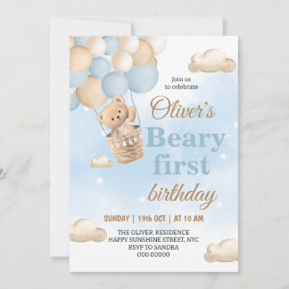 Blauer Beary Erster Geburtstag Einladung