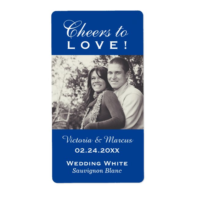 Blauer Beifall zur Liebe Hochzeit Foto Weinflasche (Vorne)