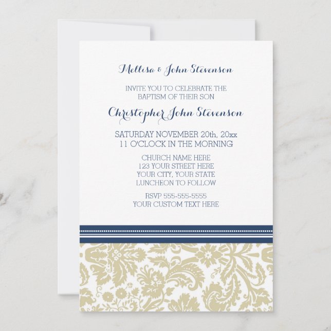 Blauer Beige Damask Taufe Einladung (Rückseite)