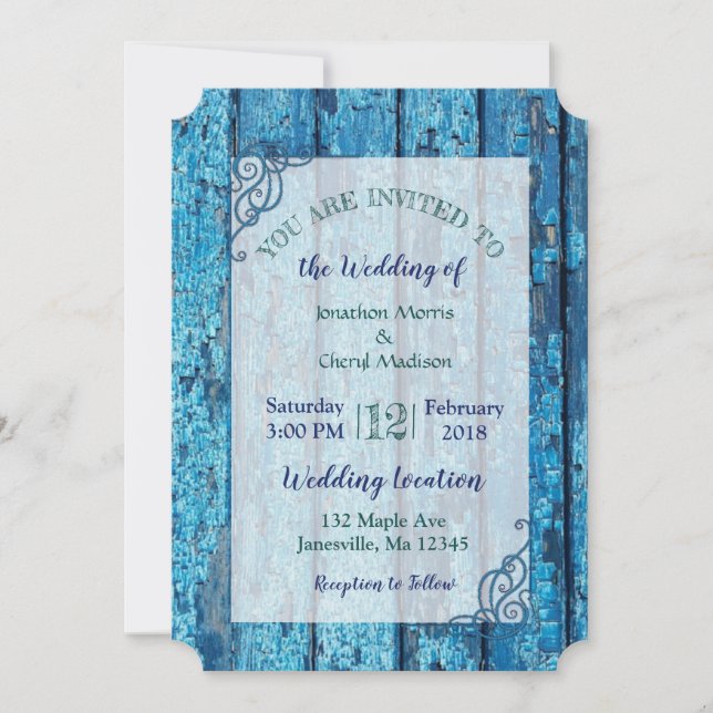 Blauer beklagter Wood Hochzeitsempfang Einladung (Vorderseite)