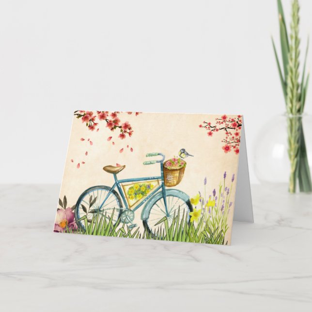 Blauer Bikerkorb für Blume und Gelbvögel Karte (Vorderseite)