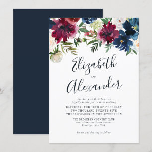 Blauer Blaue Burgundy Hochzeit mit elegantem Skrip Einladung
