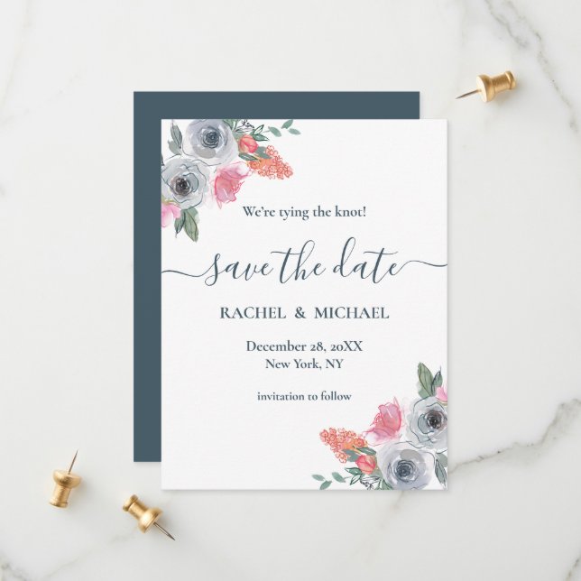 Blauer Blauer Blumenzauber und Blütenrosa Blumenze Save The Date (Vorderseite/Rückseite Beispiel)
