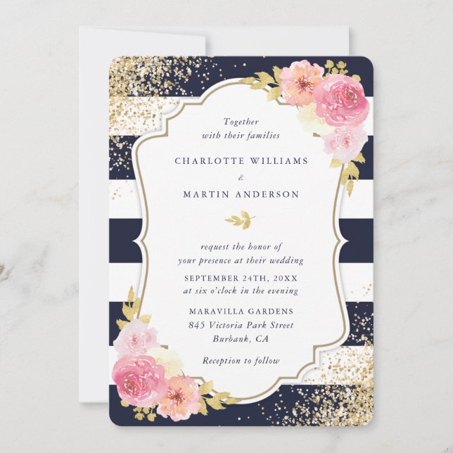 Blauer Blauer Blütenrosa Blütenhochzeit Einladung (Vorderseite)