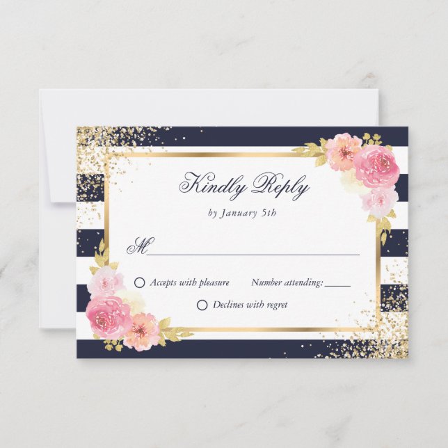 Blauer Blauer Blütenrosa Blütenhochzeit RSVP Karte (Vorderseite)