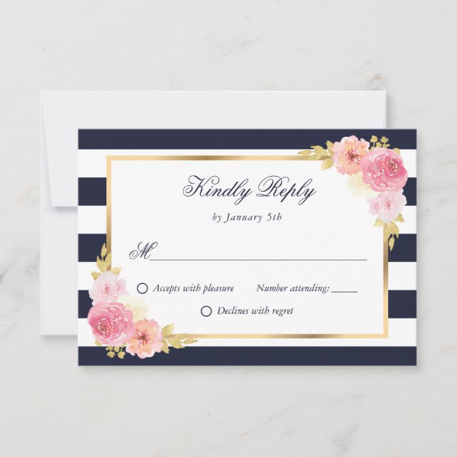 Blauer Blauer Blütenrosa Blütenhochzeit RSVP Karte (Vorderseite)