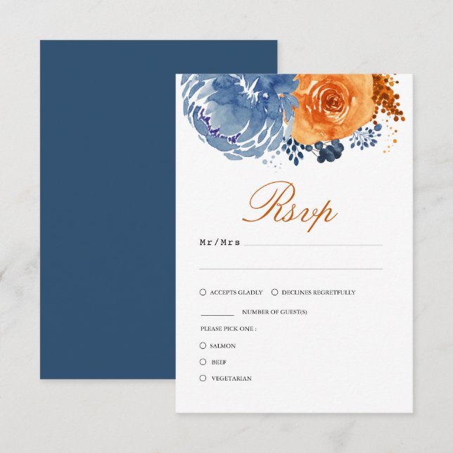 Blauer Blauer Burnt Orange Fall Floral Hochzeit RSVP Karte (Vorne/Hinten)