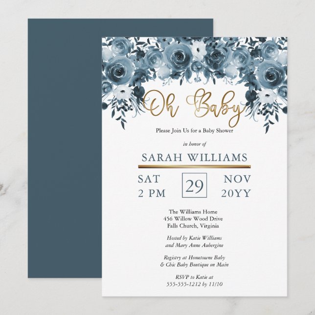 Blauer Blauer | Gold Boy Oh Baby Dusche Einladung (Vorne/Hinten)