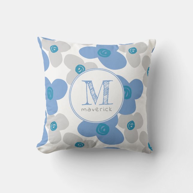 Blauer Blauer Grau Baby Adorable Simple Monogram Kissen (Vorderseite)