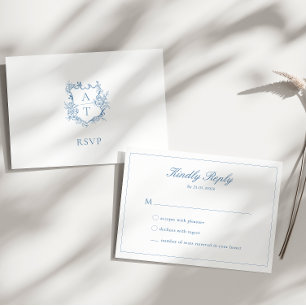 Blauer Blauer Script Wappen Monogram RSVP Card Einladung
