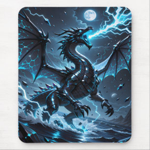 Blauer Blitz Schwarzer Drache Sturm Fantasy Gaming Mousepad