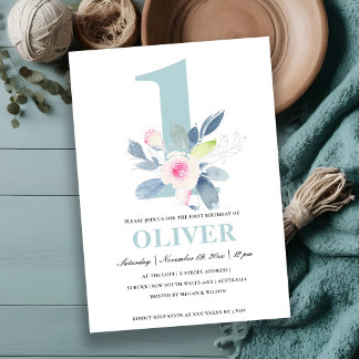 BLAUER BLUH BLUE FLORAL 1. ALTER GEBURTSTAG EINLADUNG