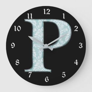Blauer Blume Damask Monogram, Initial P Design Clo Große Wanduhr