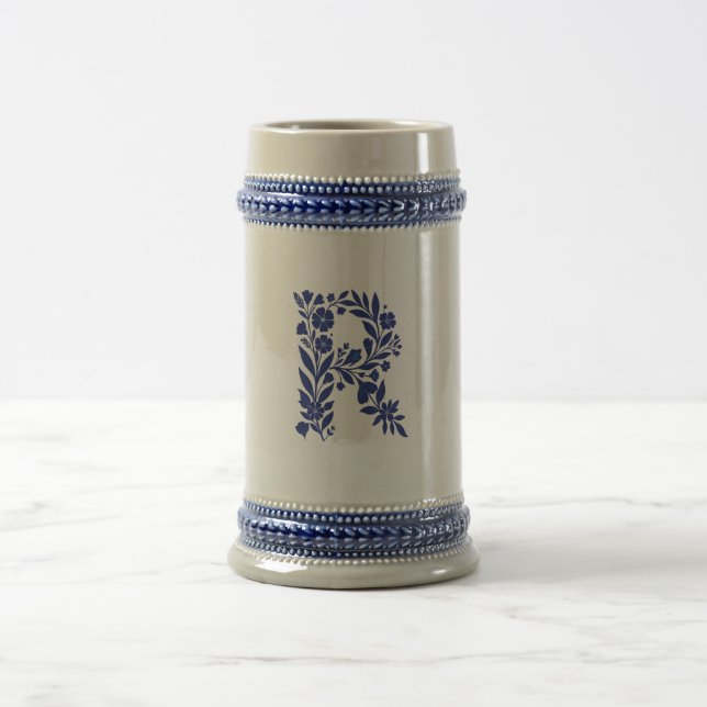 Blauer Blumen-Buchstabe R Monogramm-Becher Bierglas (Mittel)