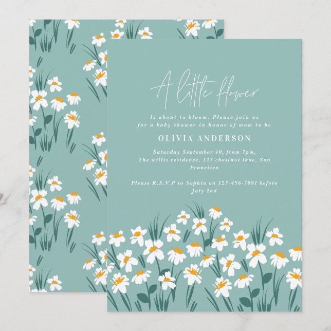 Blauer Blumen elegante Babydusche Einladung (Vorne/Hinten)