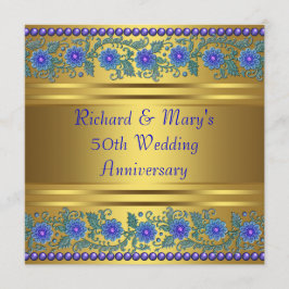 Blauer Blumen Gold 50. Hochzeitstag Einladung