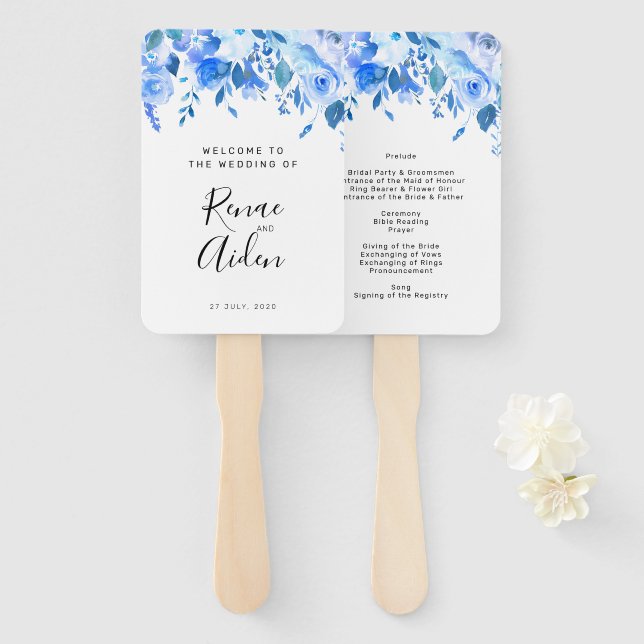 Blauer Blumen Hochzeitsprogramm Hand Fan, blau Blu Fächer (Vorne und Hinten)