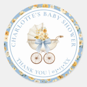 Blauer Blumen-Kinderwagen Baby Shower Dankeschön-A Runder Aufkleber