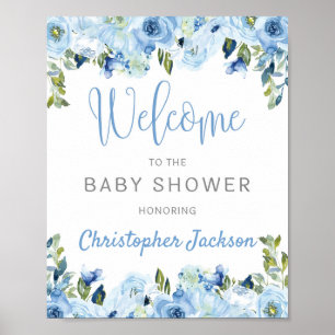 Blauer Blumen Silber rustikale Babydusche Begrüßun Poster