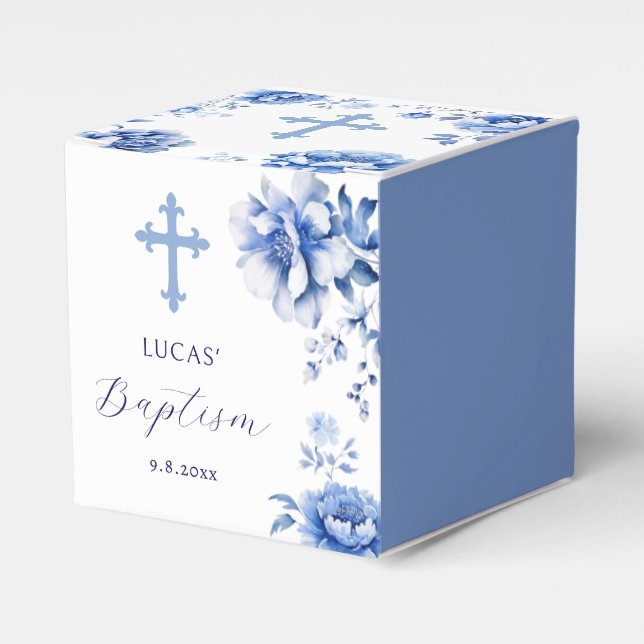 Blauer Blumen Taufe Klassik Geschenkschachtel (Vorderseite)