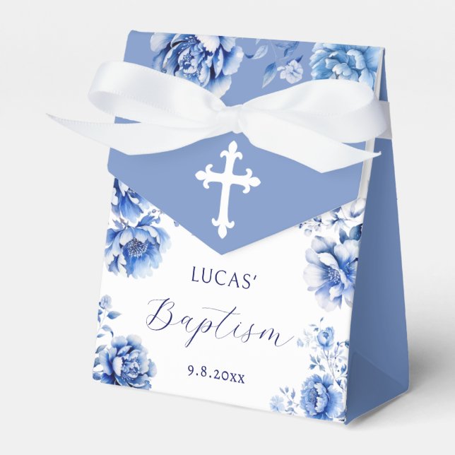 Blauer Blumen Taufe Zelt Geschenkschachtel (Vorderseite)