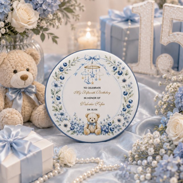 Blauer Blumen-Teddybär Fünfzehnter Geburtstag Button (Blue Floral Teddy Bear Fifteenth Birthday party Button
)