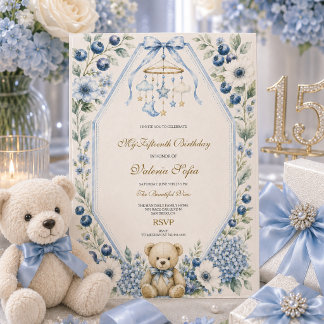 Blauer Blumen-Teddybär Fünfzehnter Geburtstag Einladung