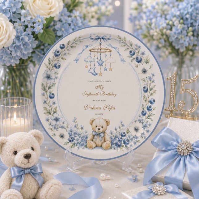Blauer Blumen-Teddybär Fünfzehnter Geburtstag Pappteller (Blue Floral Teddy Bear Fifteenth Birthday party Paper Plates
)