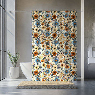 Blauer Blumen-Terrakotta-Boho-Badevorhang Duschvorhang
