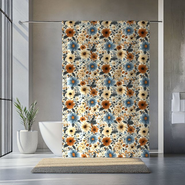 Blauer Blumen-Terrakotta-Boho-Badevorhang Duschvorhang (Powder Blue Floral Terracotta Boho Bath Curtain

)