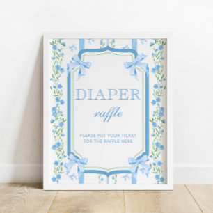 Blauer Blumen- und Schleifen-Baby-Shower-Windel-Ra Poster