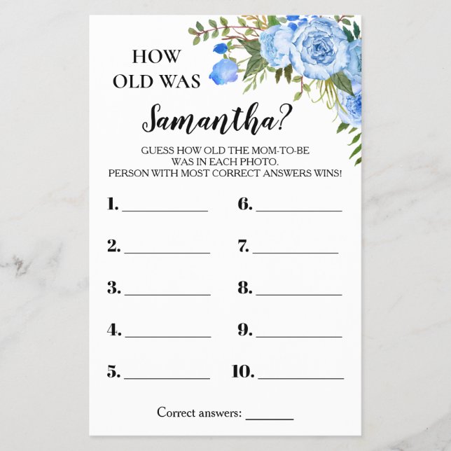 Blauer Blumen Wie alt war Mama Baby Shower Game Ca Flyer (Vorne)