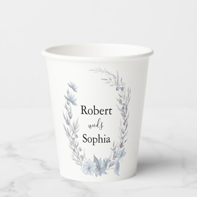 Blauer Blumenbecher für Hochzeitspapiere Pappbecher (Vorderseite)