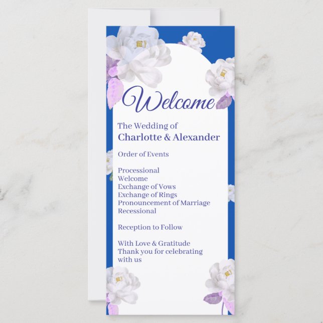 Blauer Blumenbogen-Hochzeitsprogramm (Vorderseite)