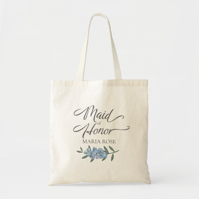 Blauer Blumenbräu Botanische Kalligrafie Tragetasche (Vorne)