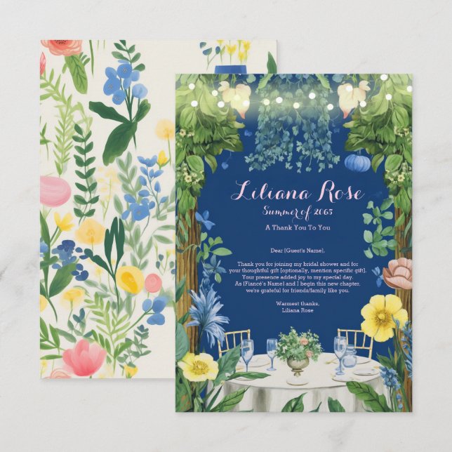 Blauer Blumengarten Brautparty Dankeskarte (Vorne/Hinten)