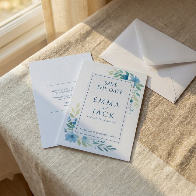 Blauer Blumengarten Hochzeitsfeier Save the Date (Blue floral greenery elegant wedding save the date.)