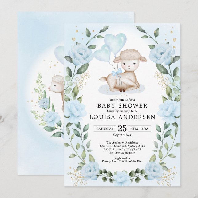 Blauer Blumengarten Little Lamb Baby Sheep Dusche Einladung (Vorne/Hinten)
