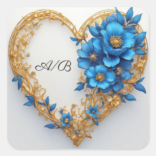 💍 Blauer Blumenherz-Kranz für Paare & Hochzeiten Quadratischer Aufkleber