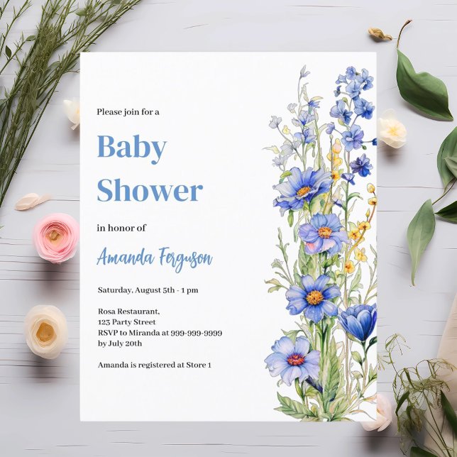 Blauer Blumenjunge Baby Dusche Einladung (Von Creator hochgeladen)
