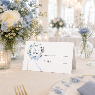 Blauer Blumenkranz Schleifenband Junge Baby Shower Platzkarte