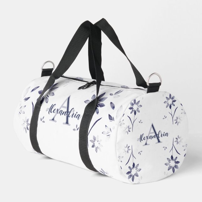 Blauer Blumenmonogramm-Name Duffle Bag (Linke Seite)