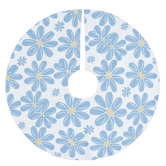 Blauer Blumenmuster-Baumschürze Polyester Weihnachtsbaumdecke (Vorderseite)