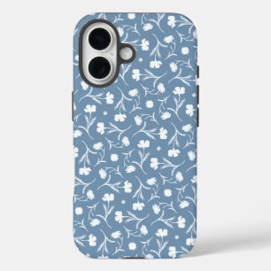 Blauer Blumenmuster Blau Grau Weiße Freiheit Elega iPhone 16 Hülle