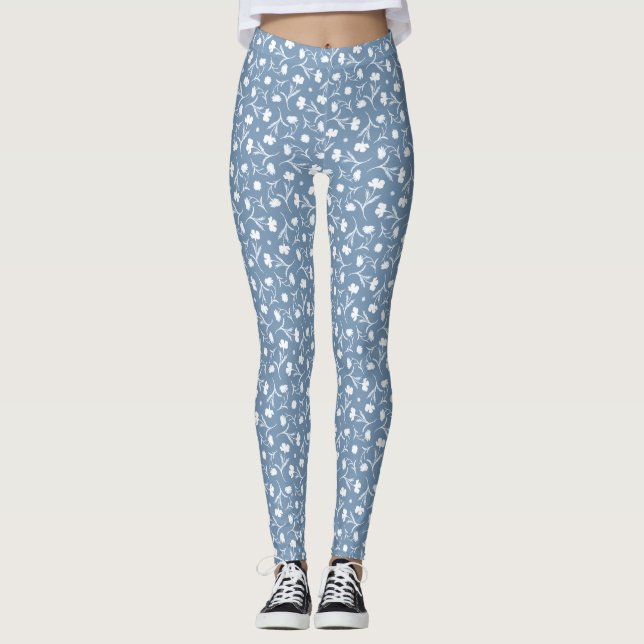 Blauer Blumenmuster Blau Grau Weiße Freiheit Elega Leggings (Vorderseite)