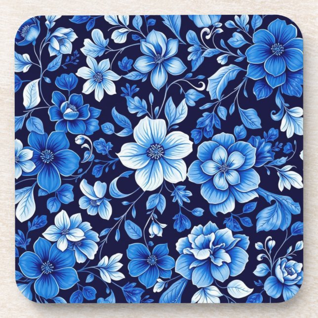 blauer Blumenmuster-Untersetzer Getränkeuntersetzer (Vorderseite)