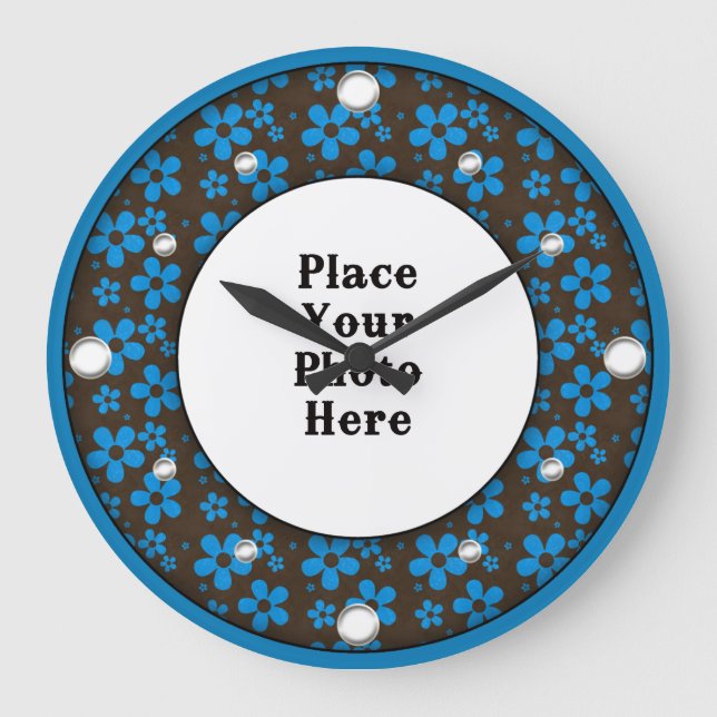 Blauer Blumenrahmen Ihre Foto-Uhr Große Wanduhr (Vorderseite)