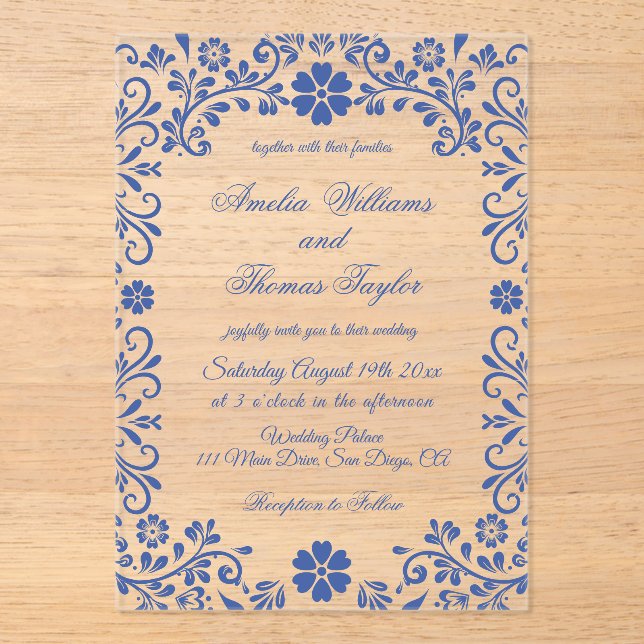 Blauer Blumenromantik Einladung zur Hochzeit (Vorderseite)